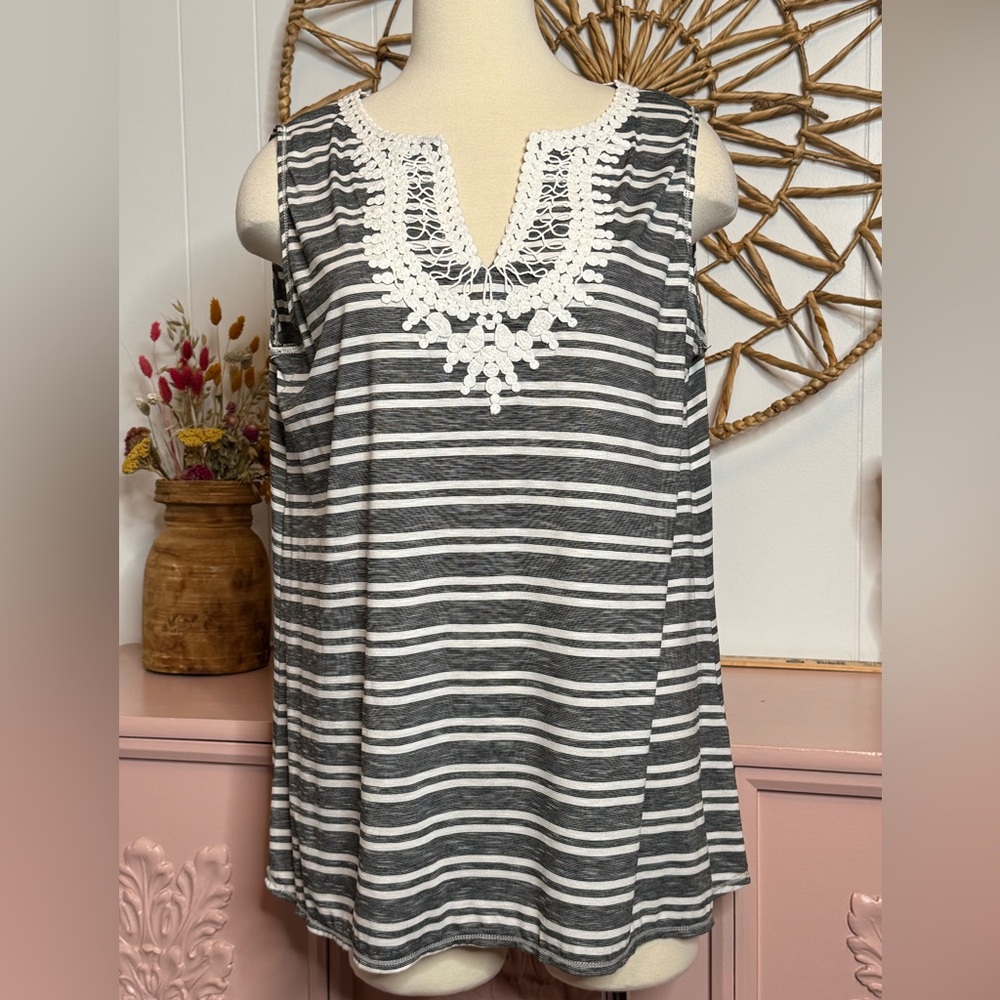 Max Studio Black and‎ White Striped Tank Top with Lace